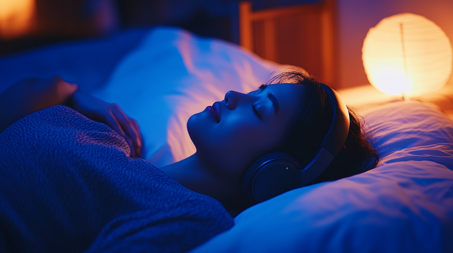 Person sleeping with headphones on to block neighbor bass noise