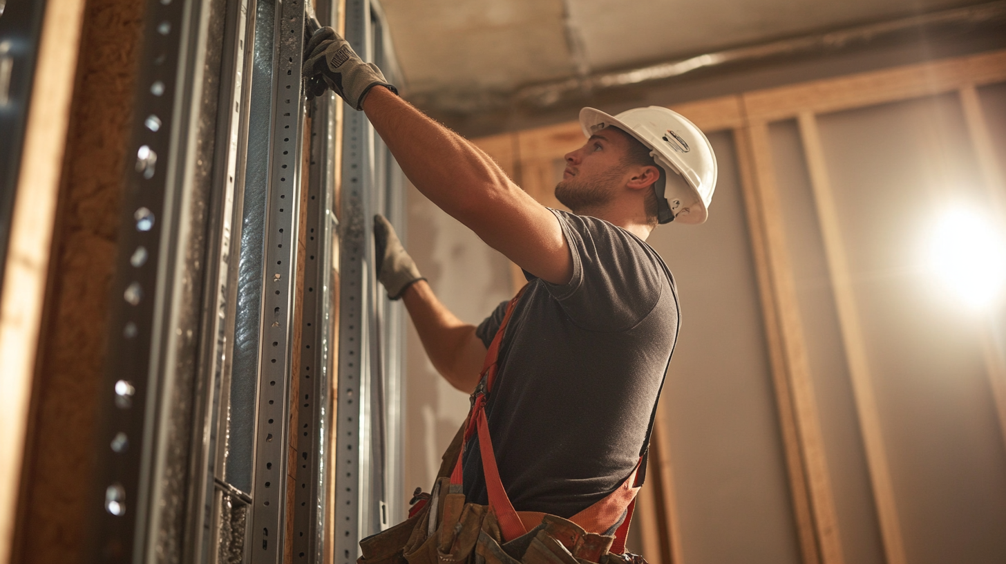 Contractor installing decoupled wall framing for sound isolation