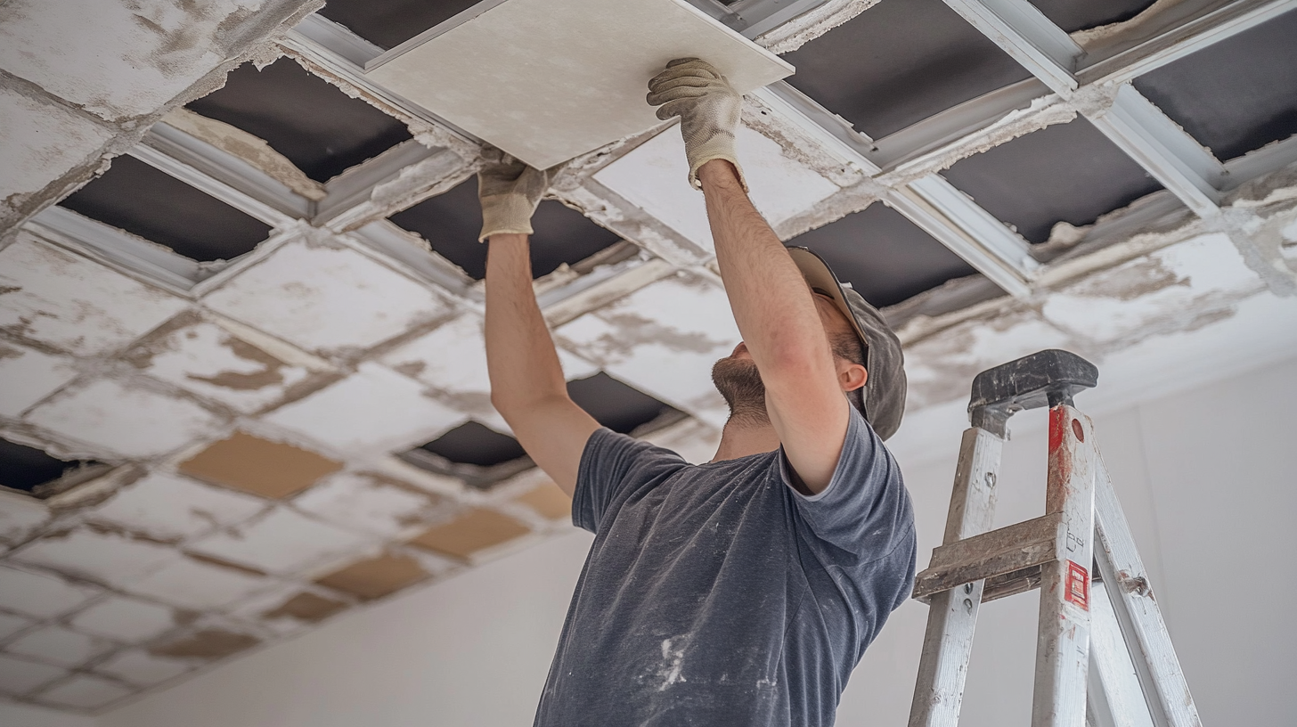 Man on a ladder removing a drop ceiling tile from a suspended grid for cleaning