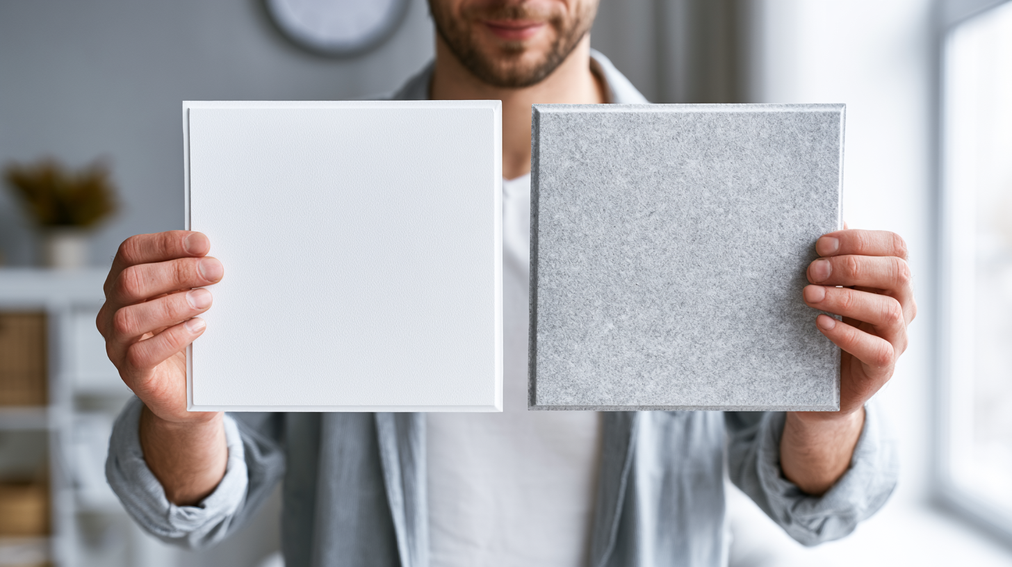 Man holding two drop ceiling tiles side by side, comparing a smooth white and a gray felt panel