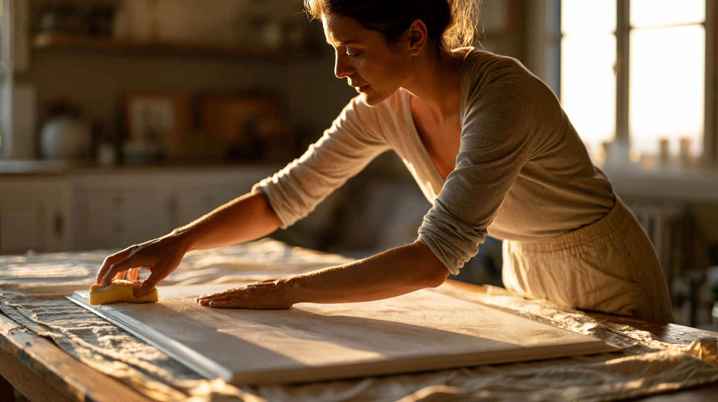 Woman wiping down a ceiling tile with a sponge on a work table in warm light