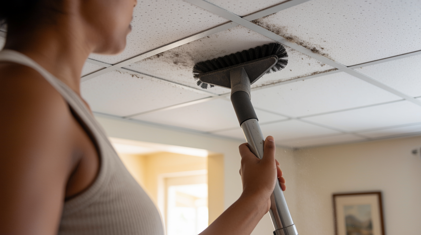 Woman using a brush attachment on a pole to clean dust and mold from drop ceiling tiles
