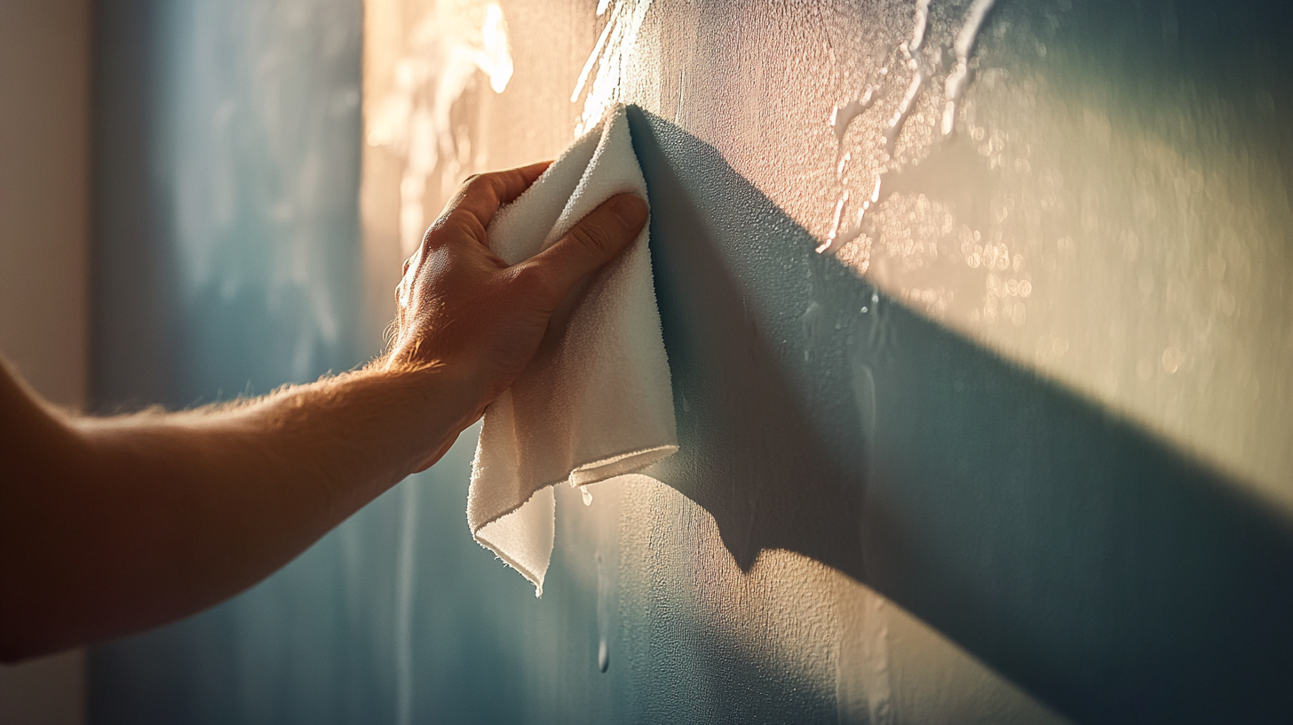 Hand wiping a wall clean with a cloth before installing acoustic foam