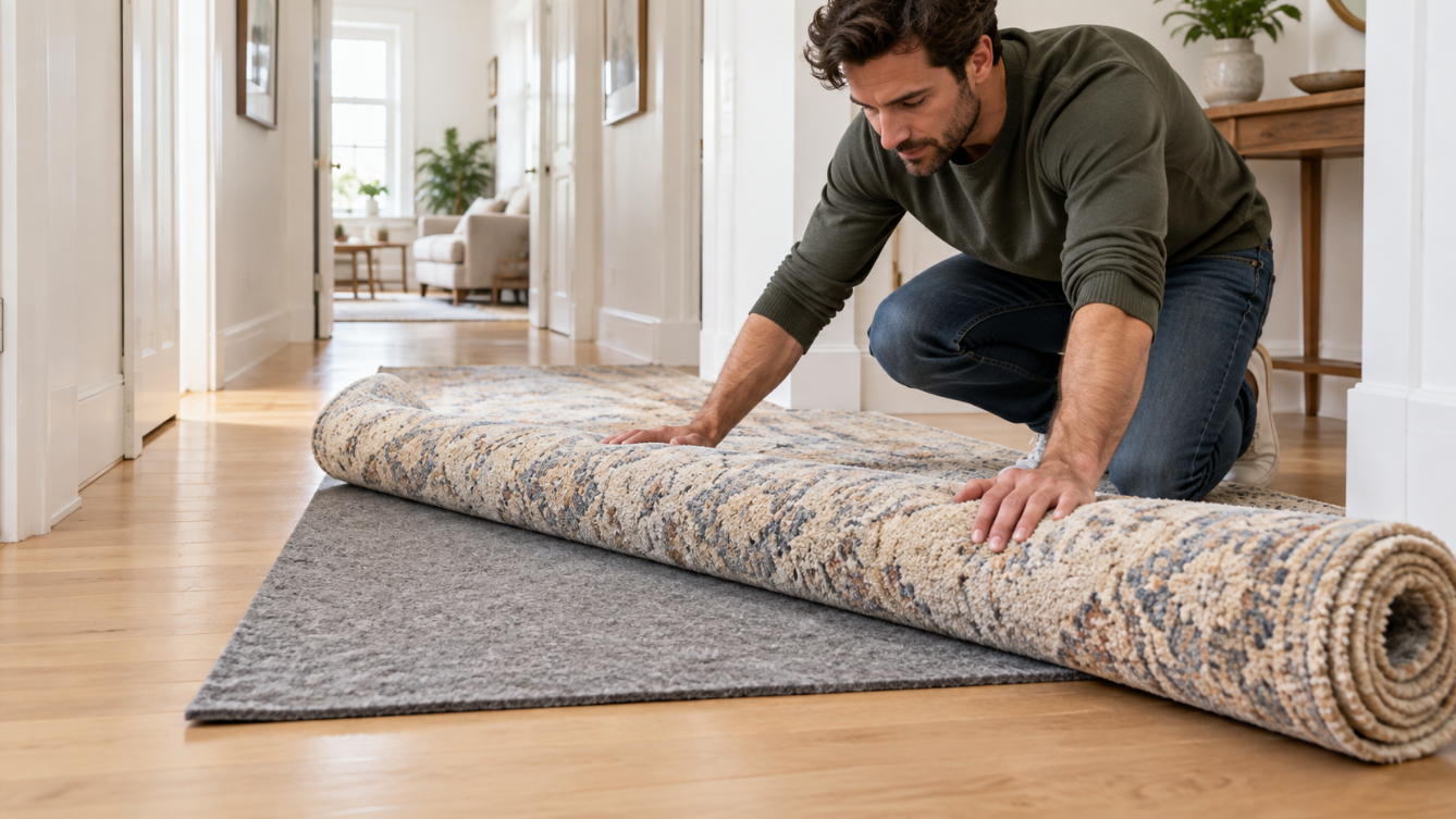 Man rolling out an area rug over a thick felt rug pad on a hardwood hallway floor