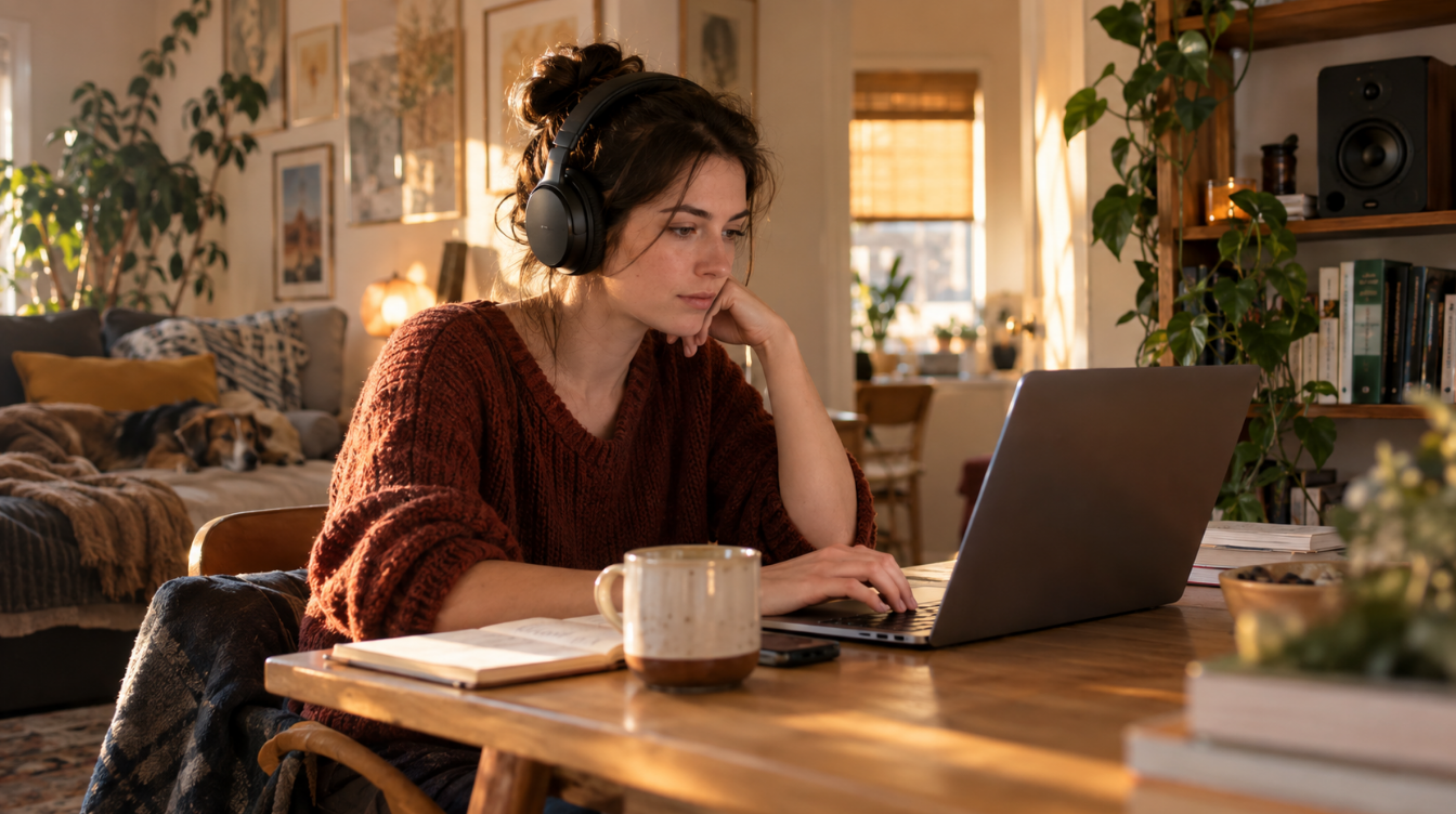 Woman working at a home desk in noise-canceling headphones next to a bookshelf speaker