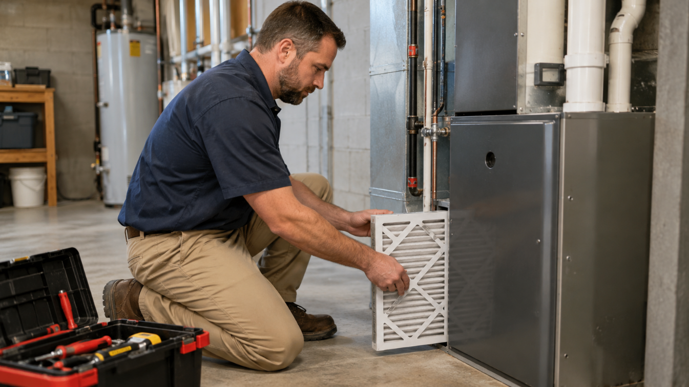 Technician sliding a new air filter into a furnace in a basement utility room