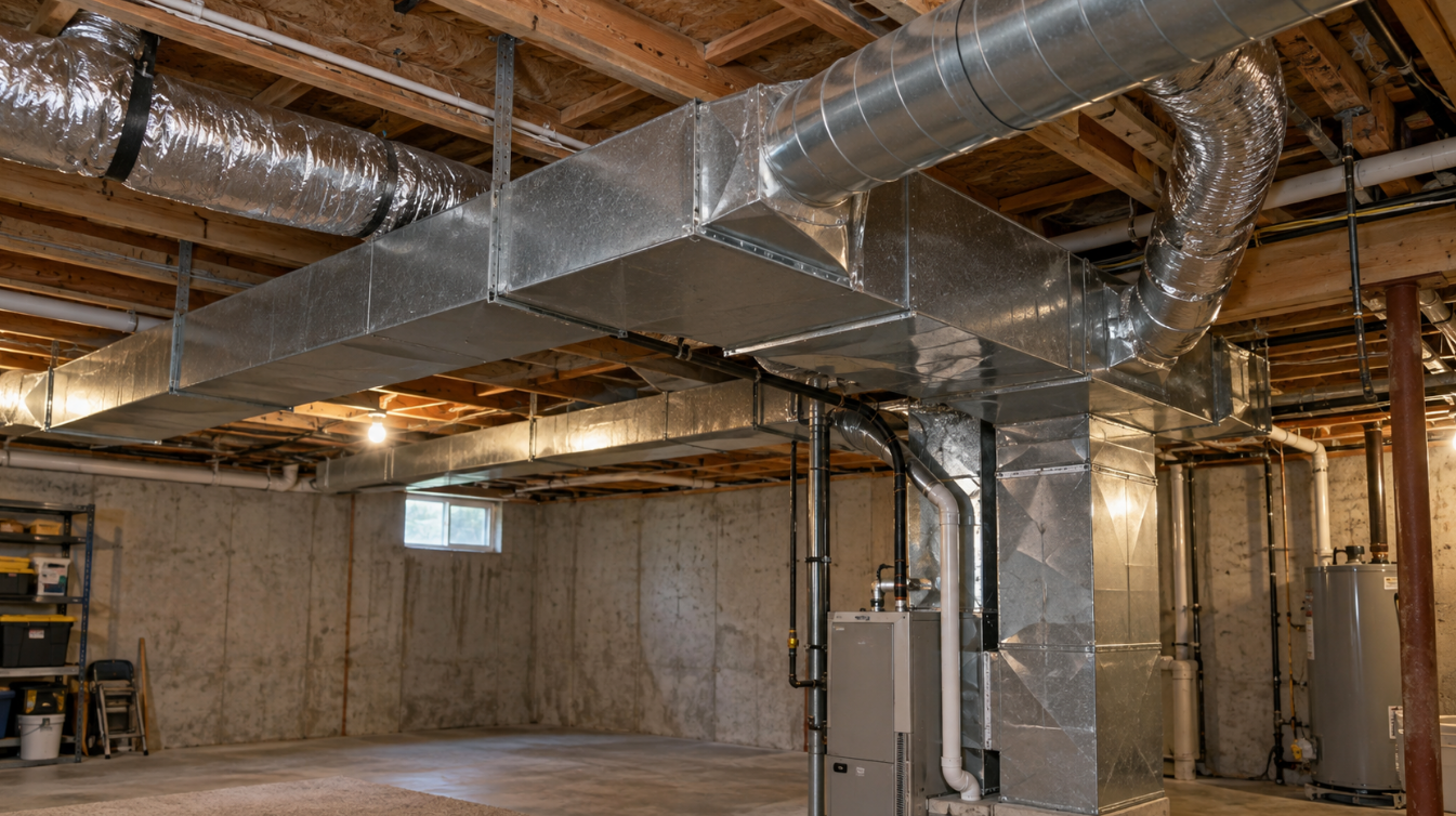 Sheet metal ductwork with insulated flexible ducts in an unfinished basement