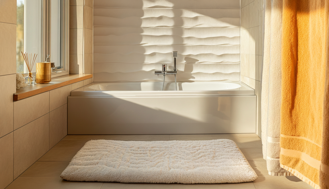 Sunlit bathroom with tub, textured tile, and bath mat