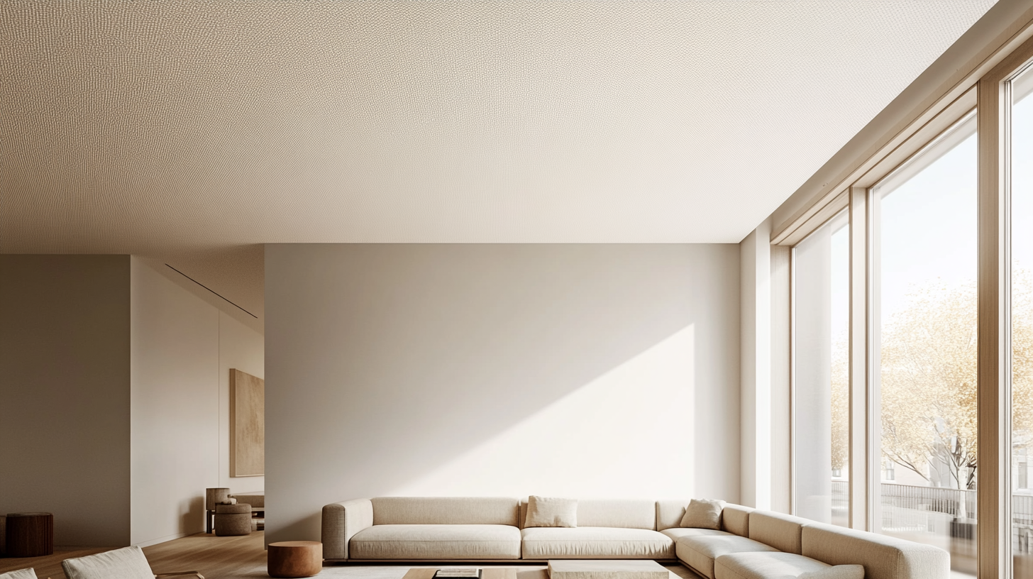 Minimalist living room with acoustic ceiling treatment and large windows