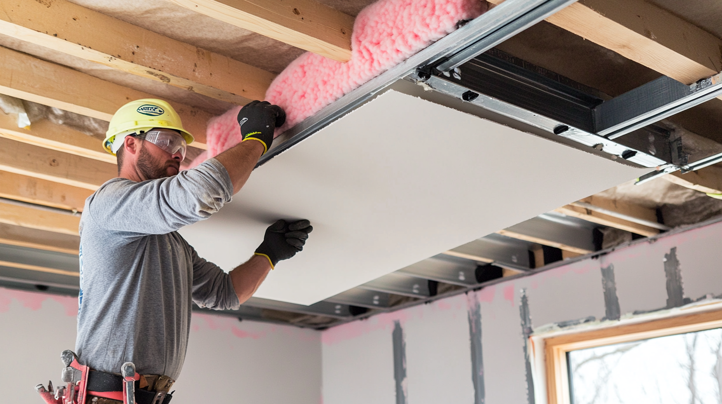 Contractor installing drywall on decoupled ceiling with insulation above