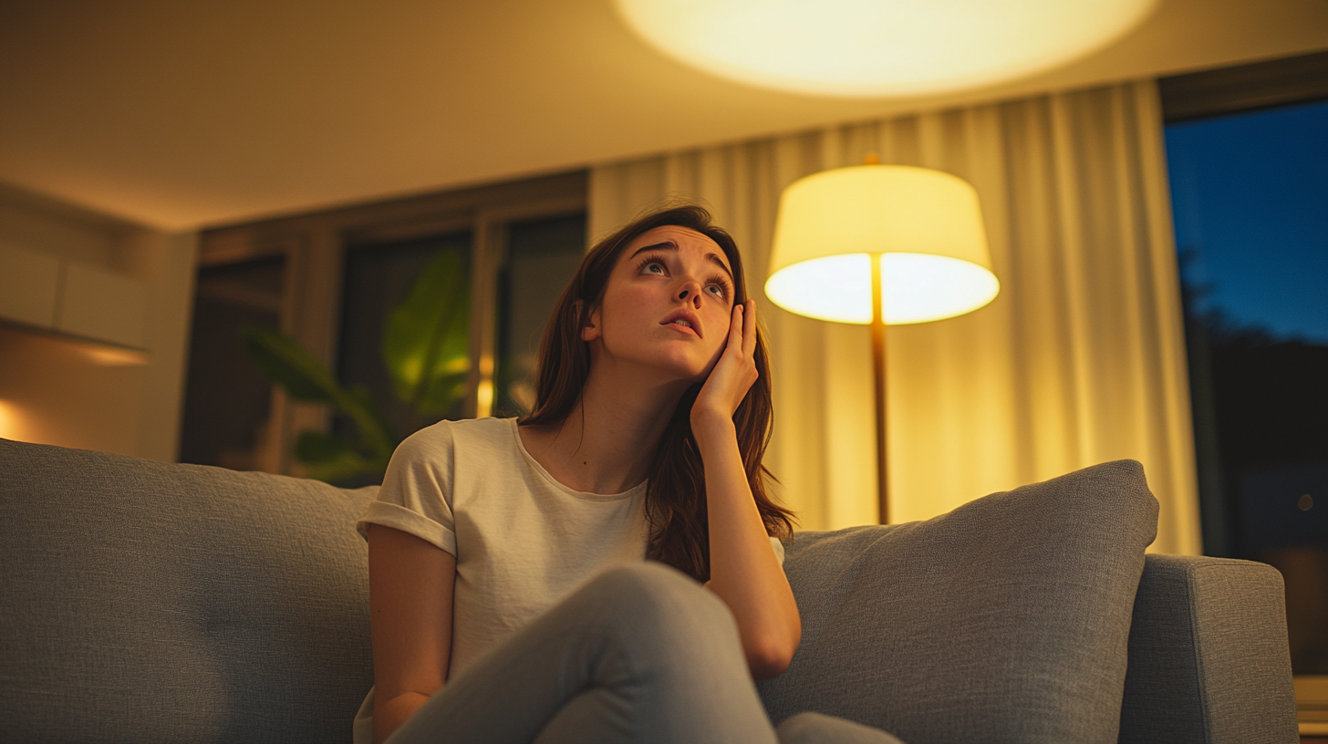 Woman looking up at ceiling annoyed by noise from upstairs neighbor