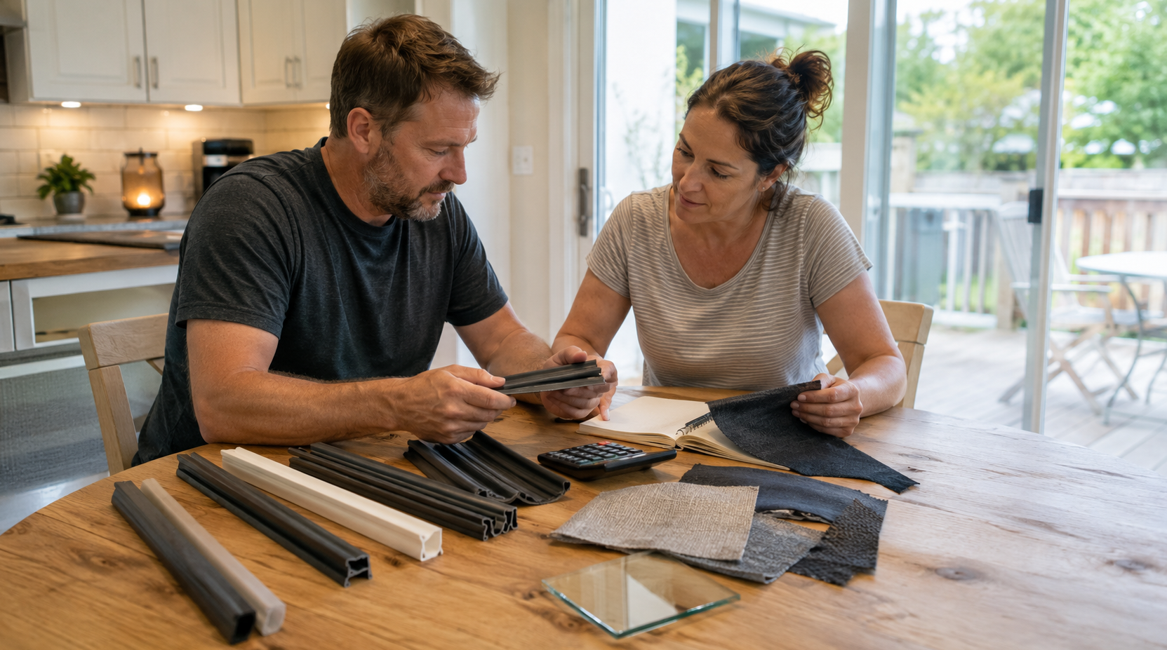 Couple comparing door seal profiles and acoustic fabric samples at a table