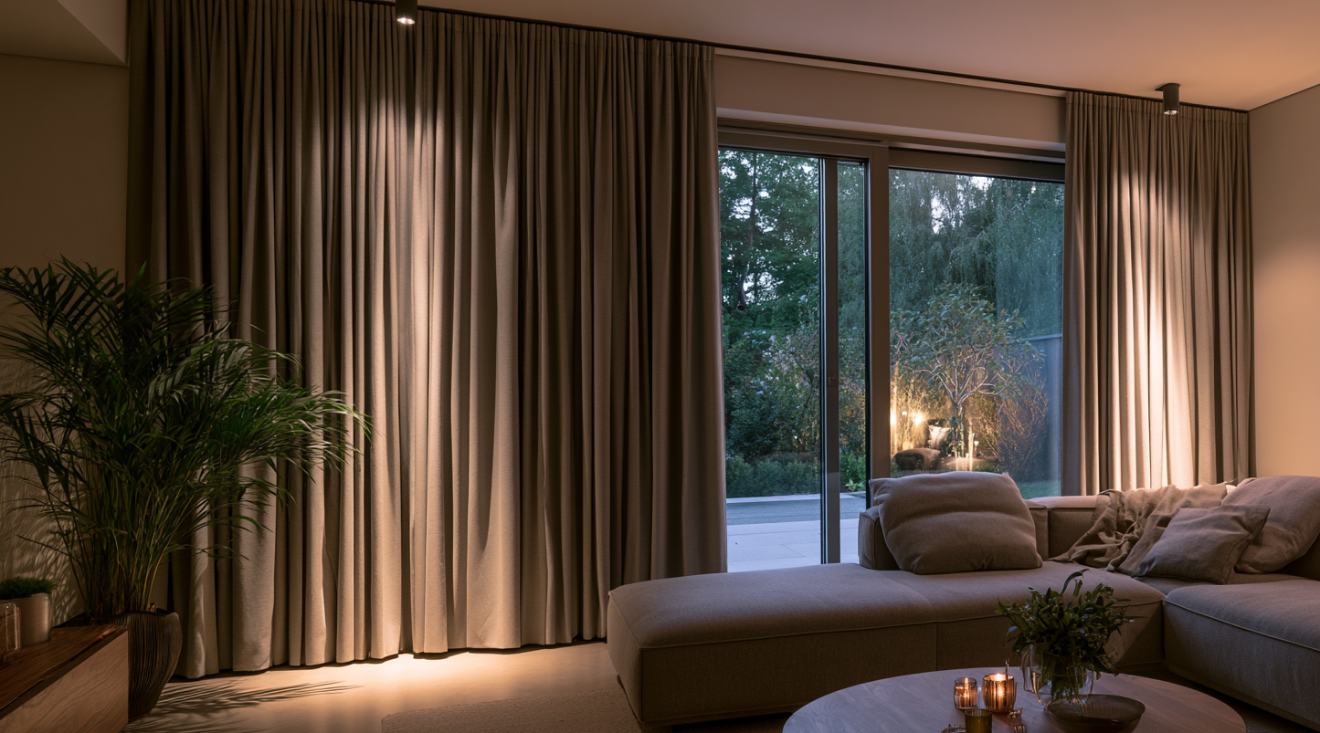 Heavy floor length curtains drawn beside a sliding glass patio door