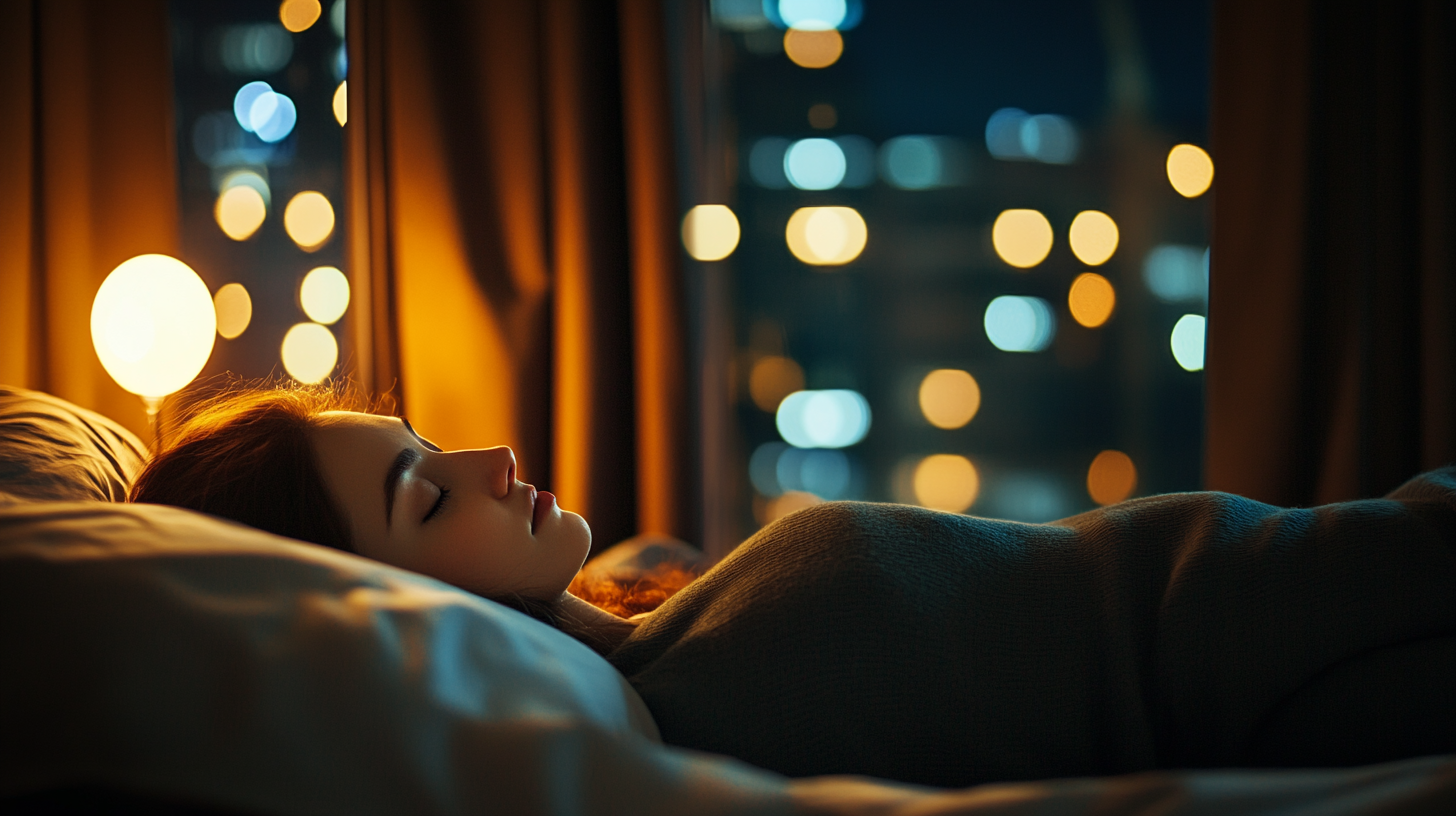 Woman sleeping near window with city lights in background