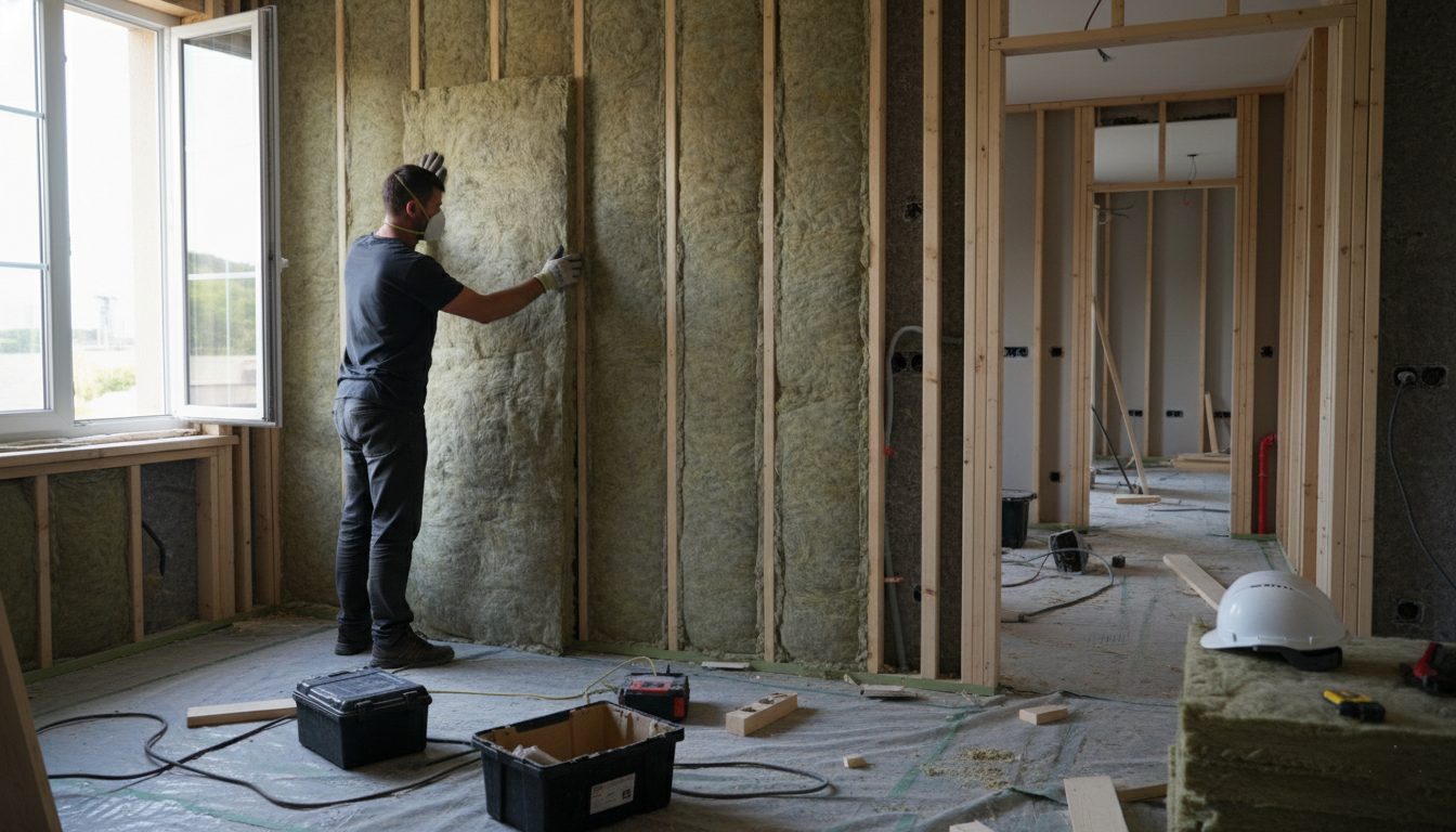 Worker installing mineral wool insulation in wall framing
