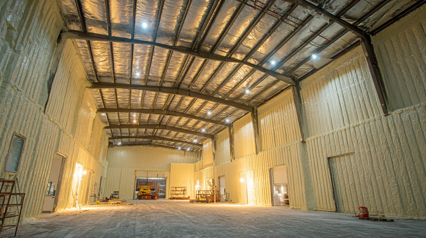 Metal building interior after spray foam soundproofing applied to walls and roof structure