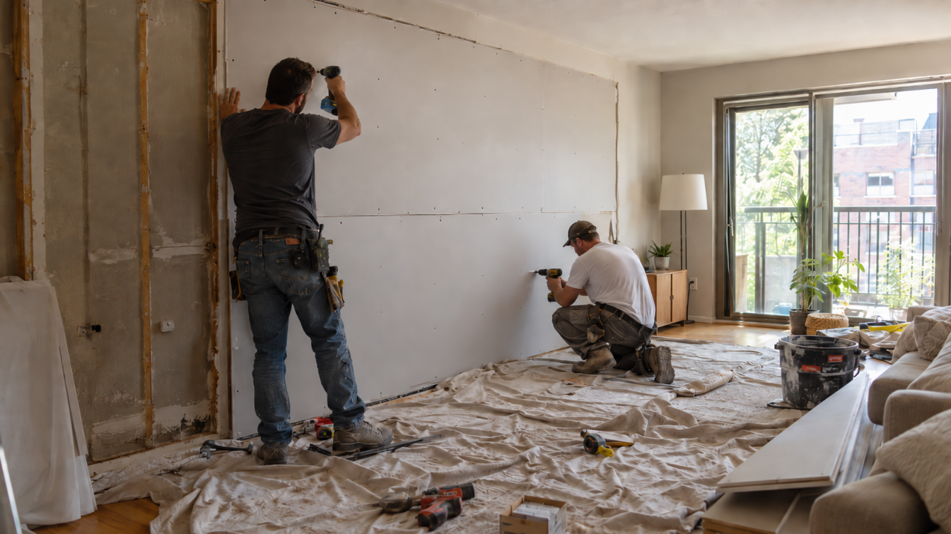Workers screwing a second layer of drywall over an existing living room wall