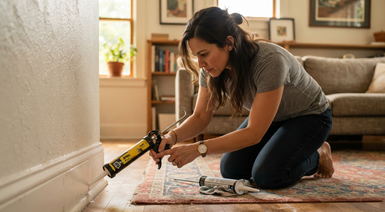 Woman kneeling to apply acoustic caulk along a baseboard to seal gaps