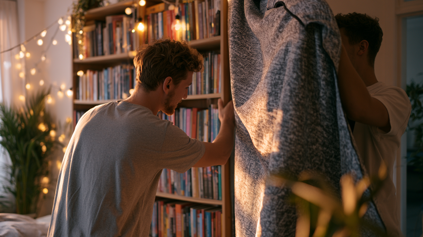 Two men hanging a thick woven blanket over a bookshelf to soundproof a wall