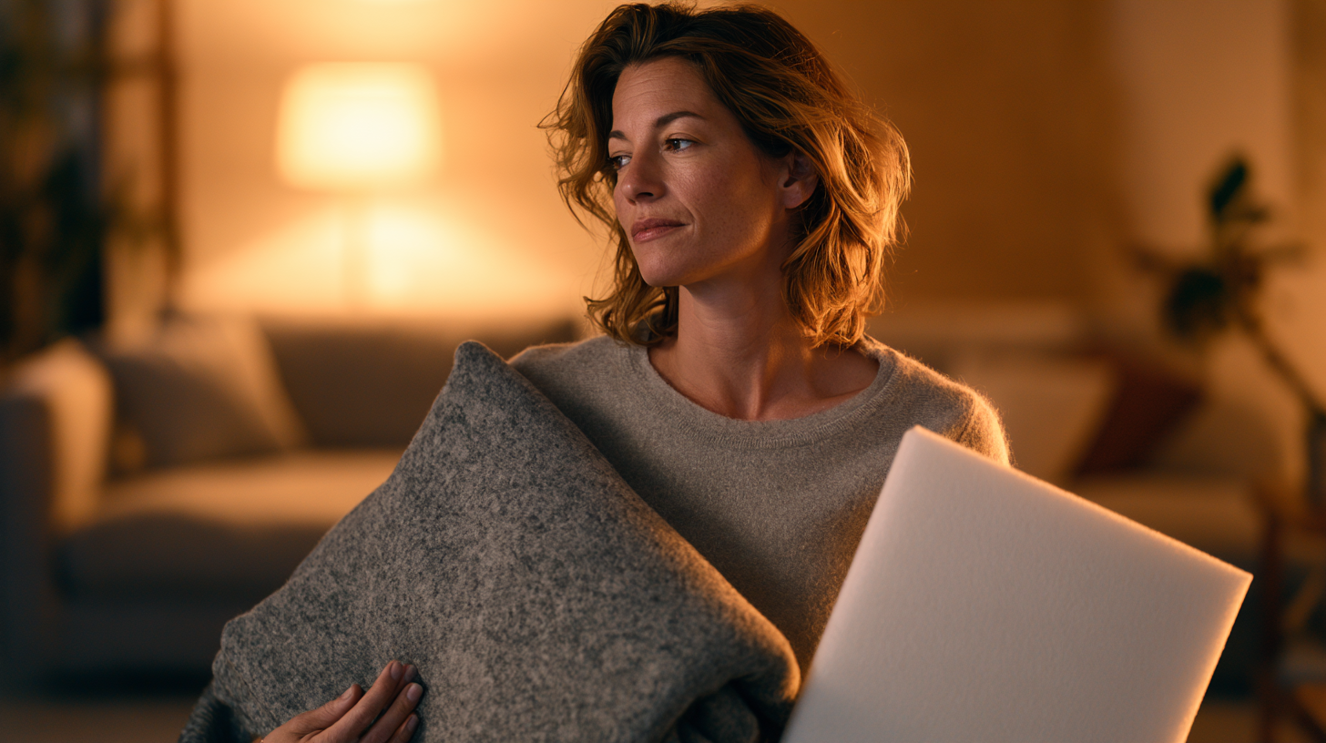 Woman holding a felt acoustic panel and foam board for DIY wall soundproofing