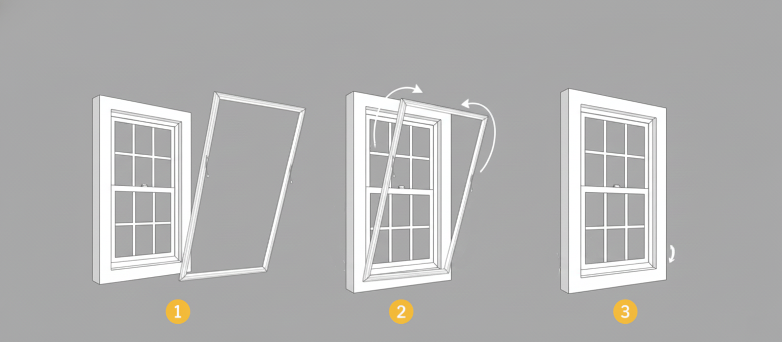Illustration showing a 3-step process for installing window inserts, with each step highlighting the installation procedure