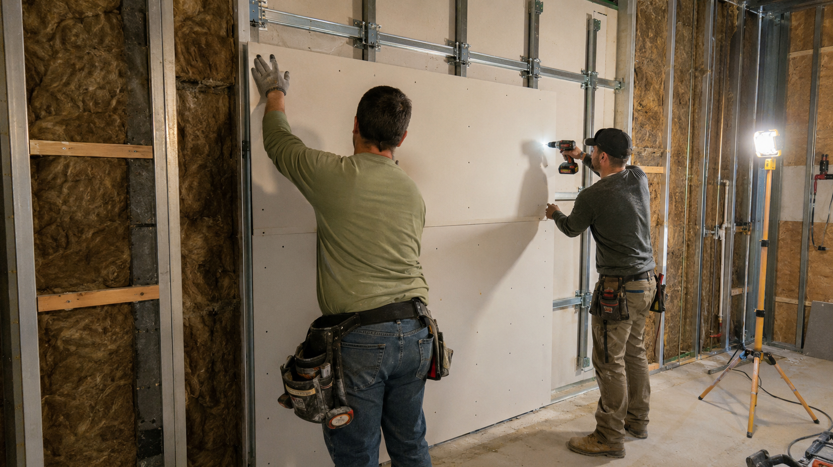 Installers hanging drywall on isolation clips and channel over insulated framing