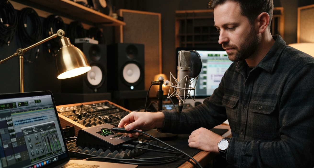 Connecting an audio interface at a studio desk with monitors and a condenser mic