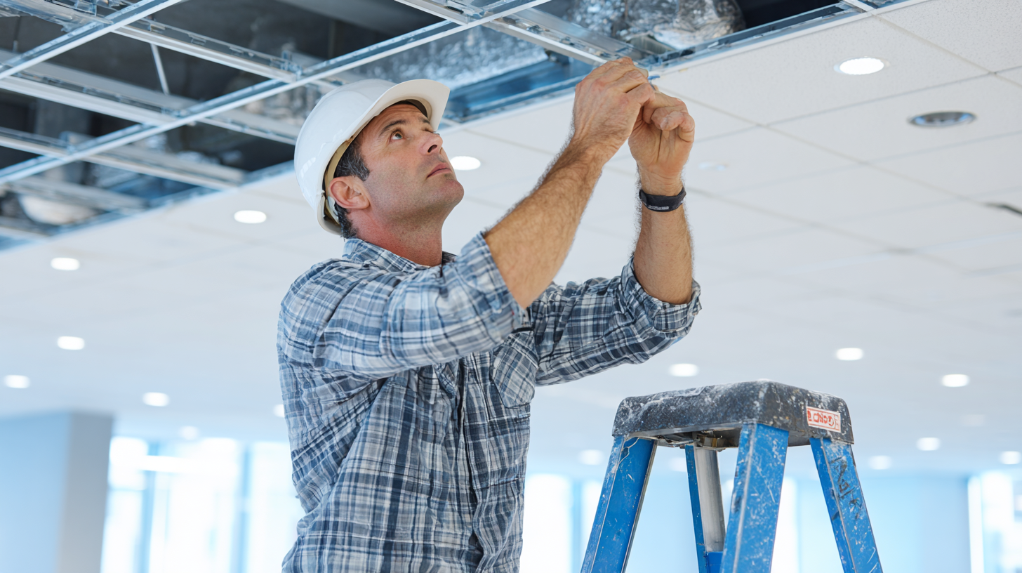 Technician installing a sound masking speaker above ceiling tiles