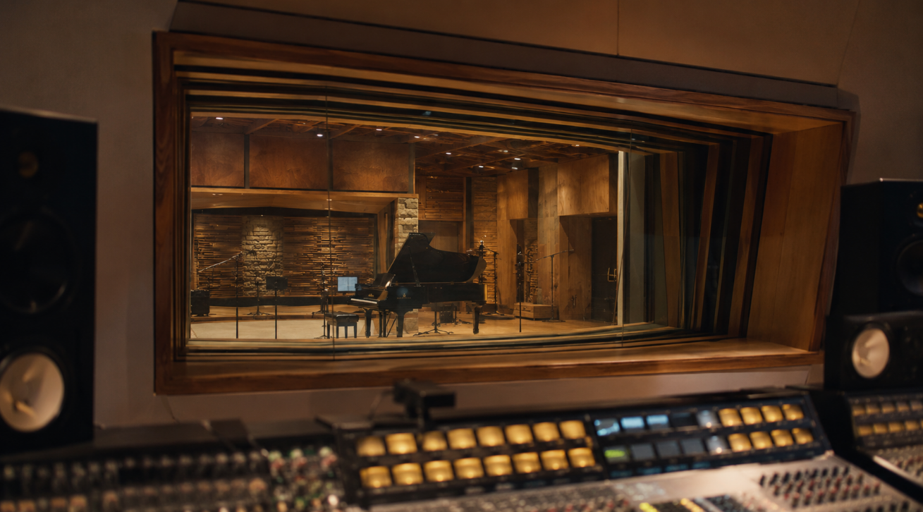 Studio control room window with multiple glass leaves separated by air gaps