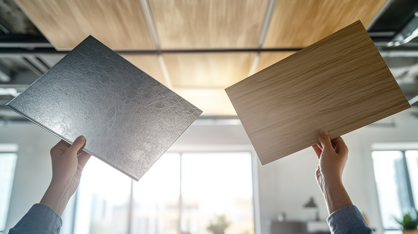 Hands holding metal and wood-look acoustic ceiling tiles for comparison