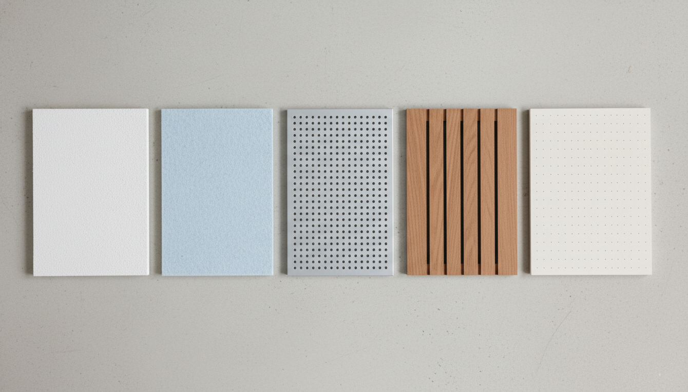 Five acoustic ceiling tile types in different materials and finishes