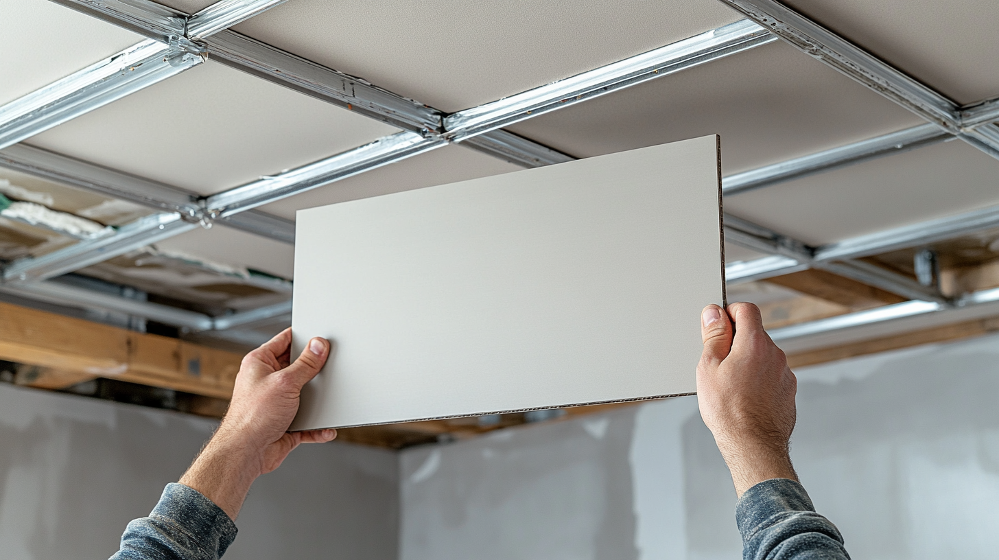 Worker installing an acoustic ceiling tile into a metal grid
