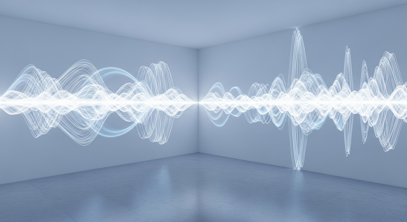 Glowing sound waves bouncing in minimalist empty room corner