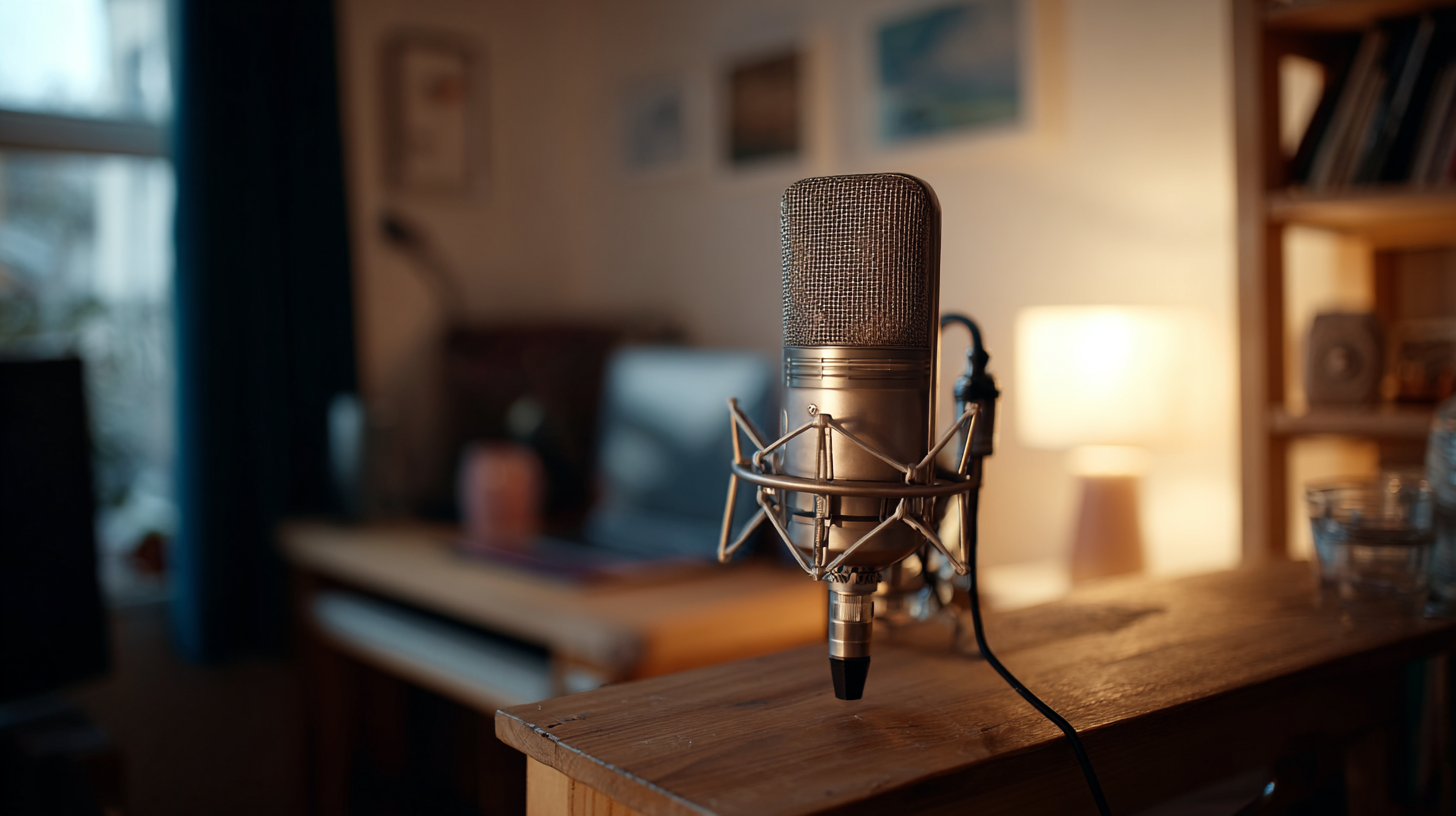 Professional condenser microphone in home podcast recording setup