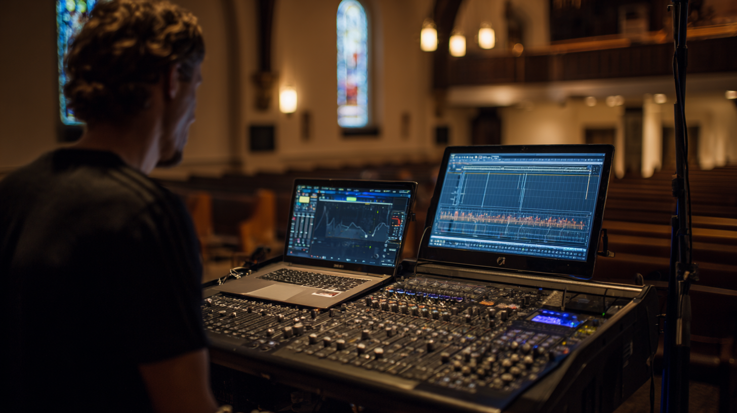 Audio technician calibrating a church sound system