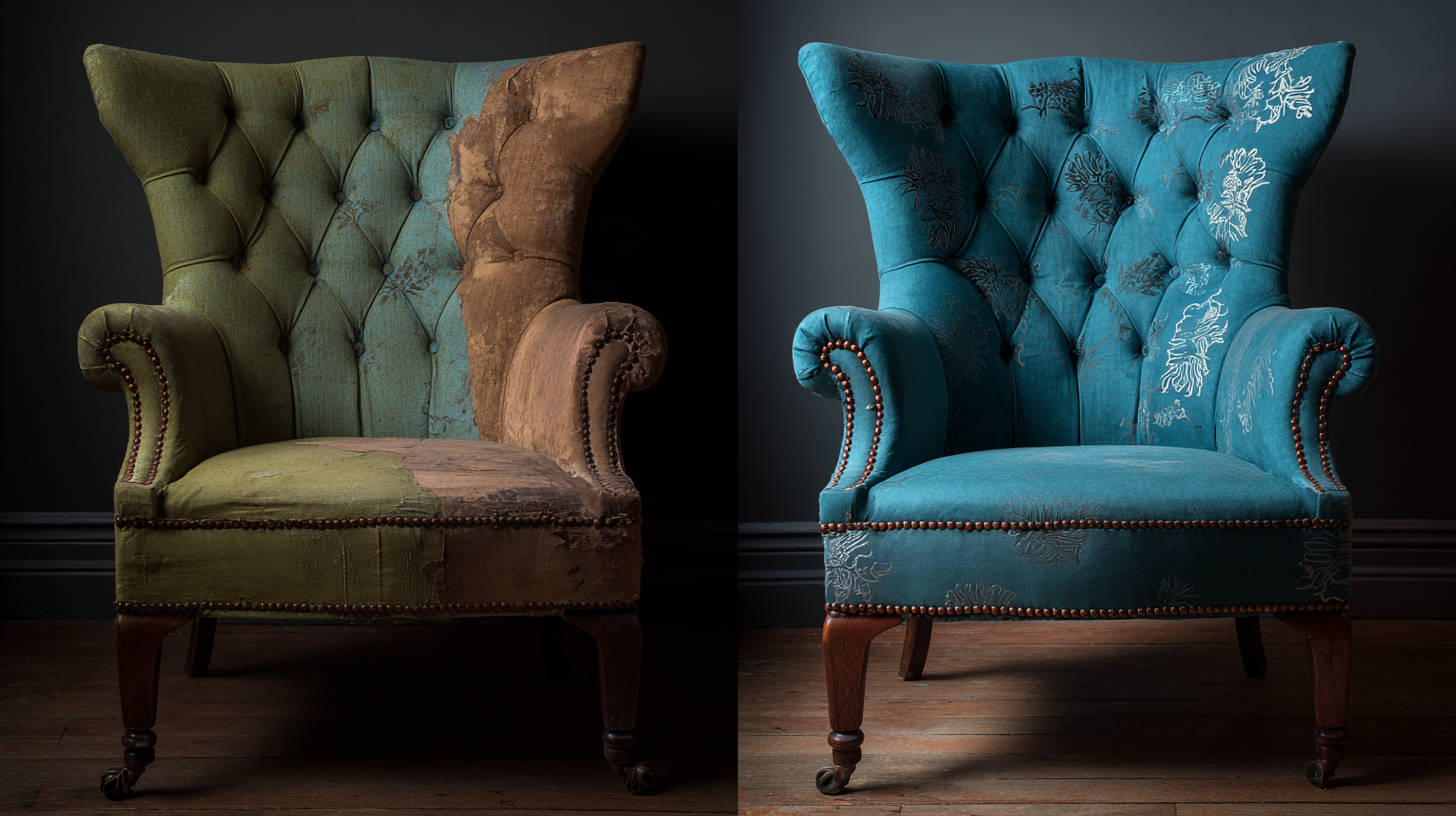Side-by-side view of a vintage chair with worn-out fabric on the left and a freshly reupholstered chair on the right with bright blue fabric