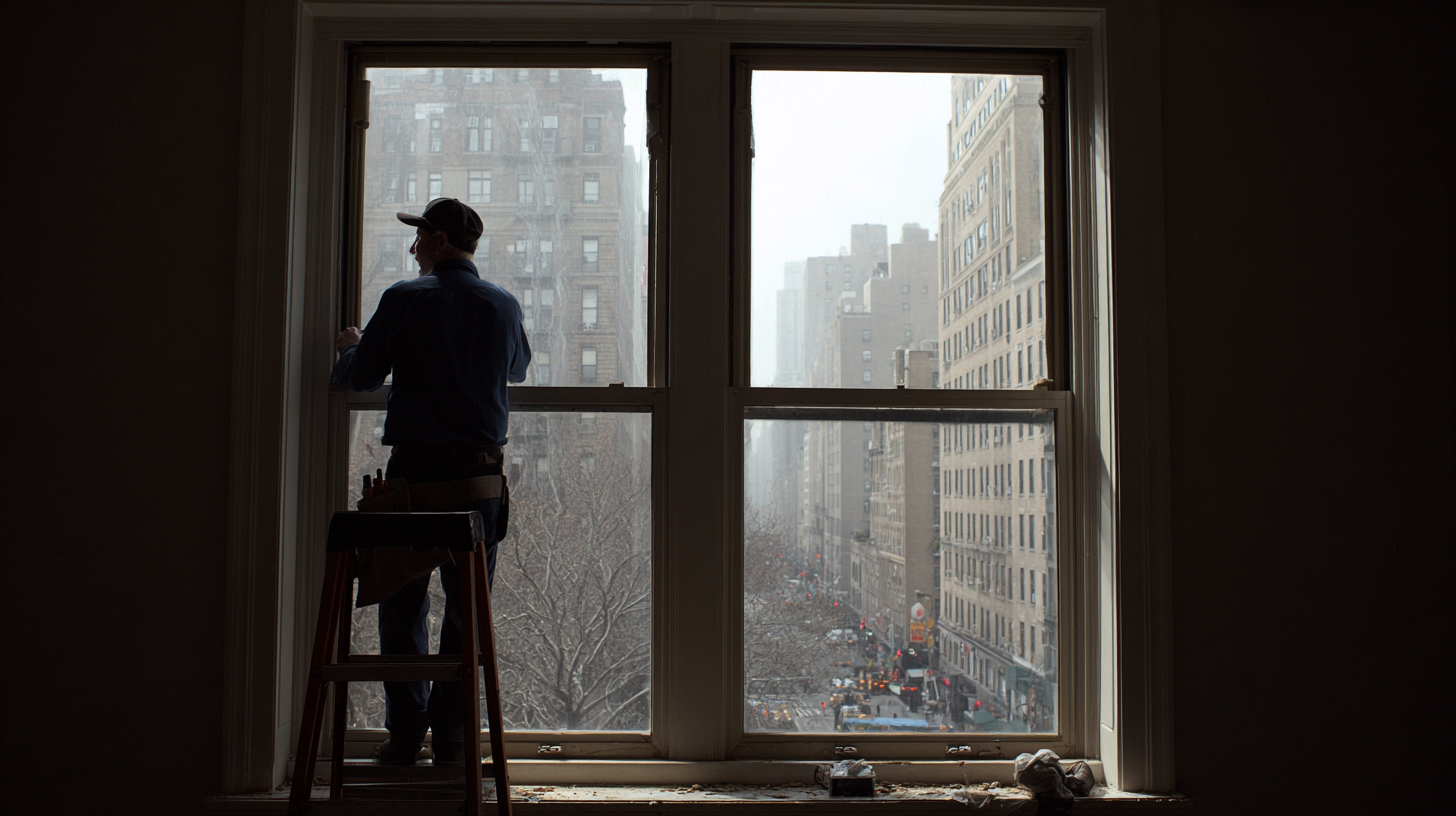 NYC technician installing soundproof windows inside an apartment, with a view of the city skyline visible through the window