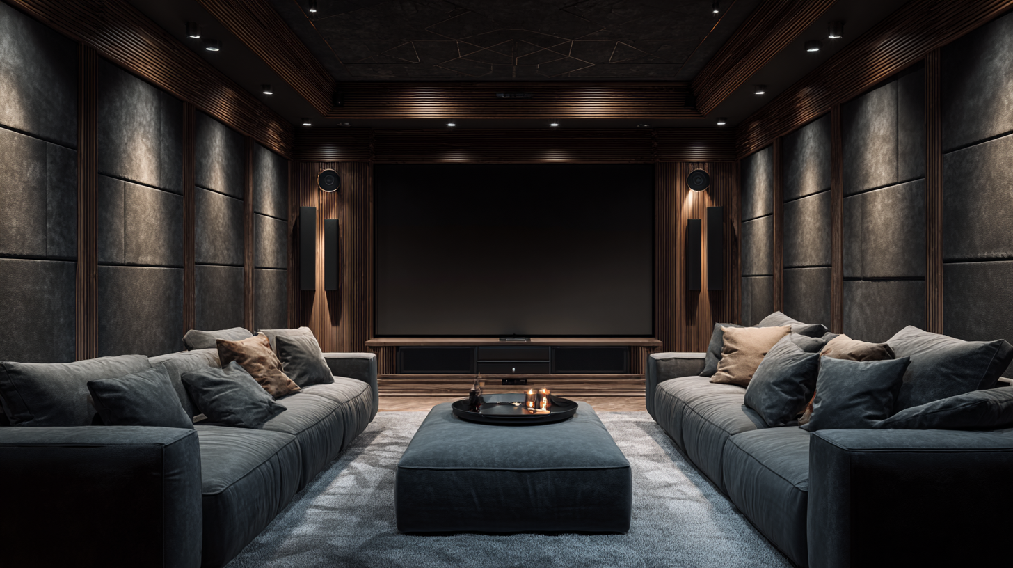 Luxury home theater with dark interior and large screen