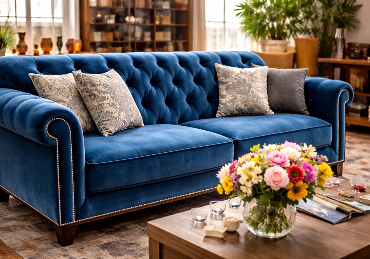 Hand-stitched seams on custom upholstered sofa
