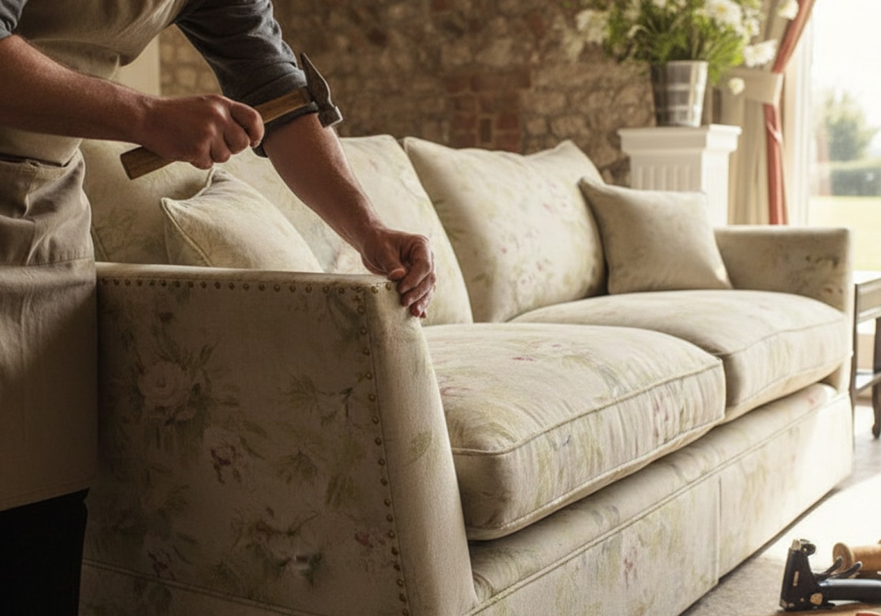 Stain-resistant performance fabric on family sofa