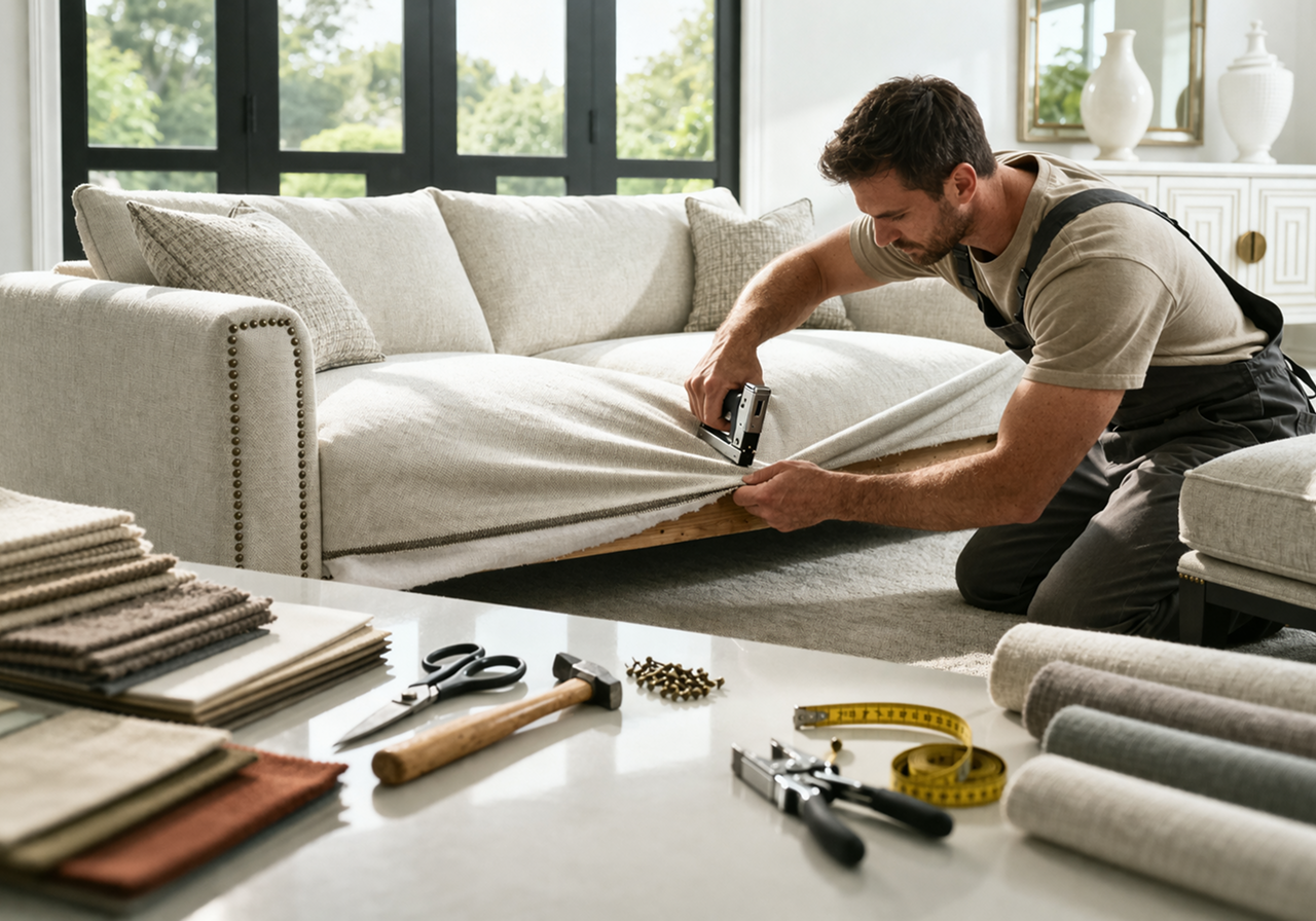 Custom sofa reupholstery with premium fabric