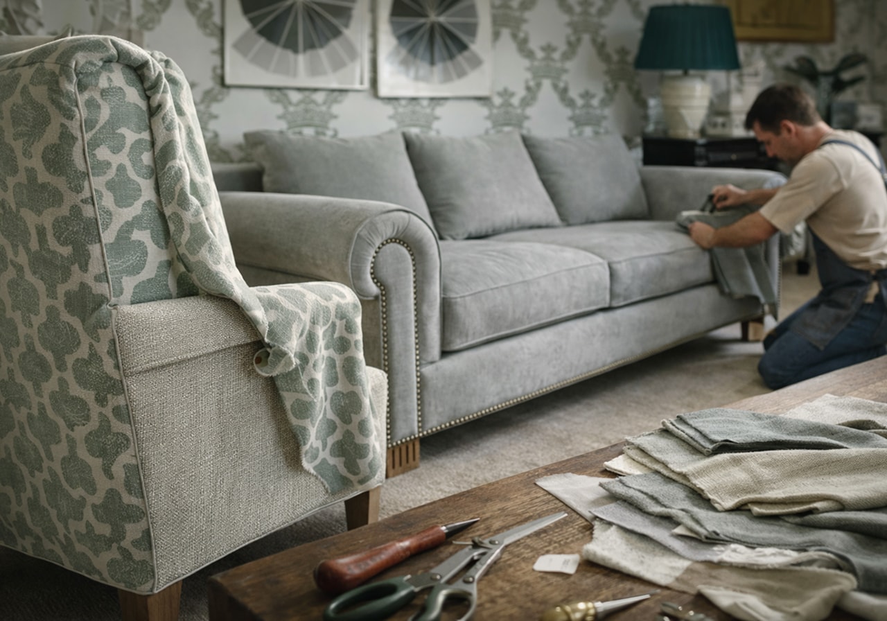 Sectional sofa recovered in performance fabric