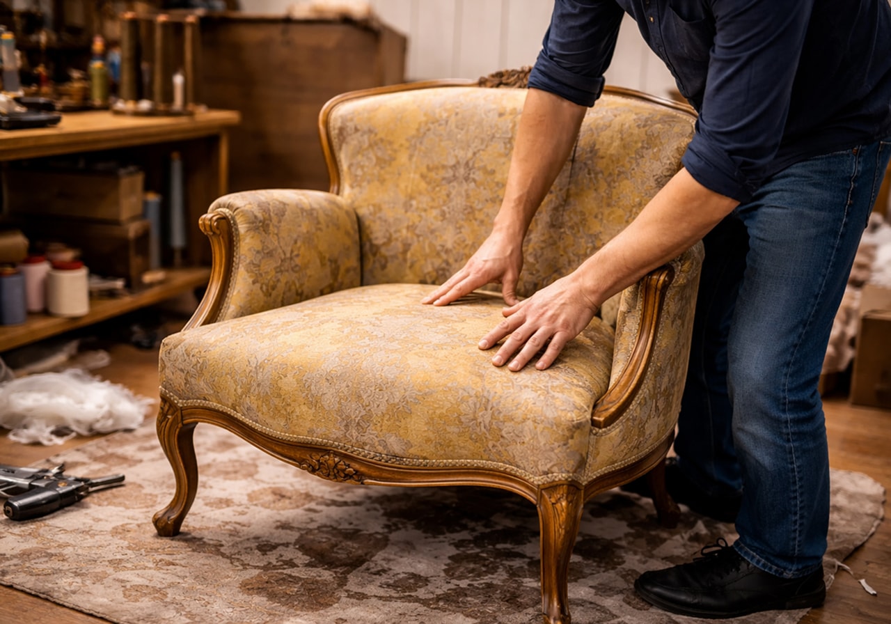 Antique armchair reupholstered with eco-certified fabric
