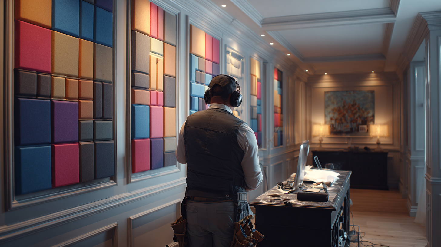 Man wearing headphones standing in a room with colorful acoustic panels installed on the walls