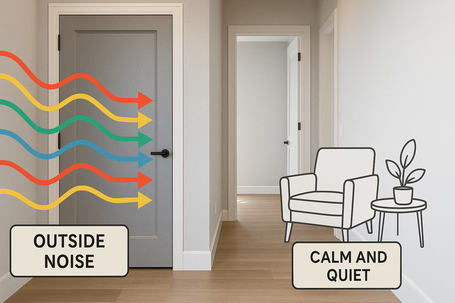 Illustration of outside noise blocked by a closed door with a calm and quiet room inside