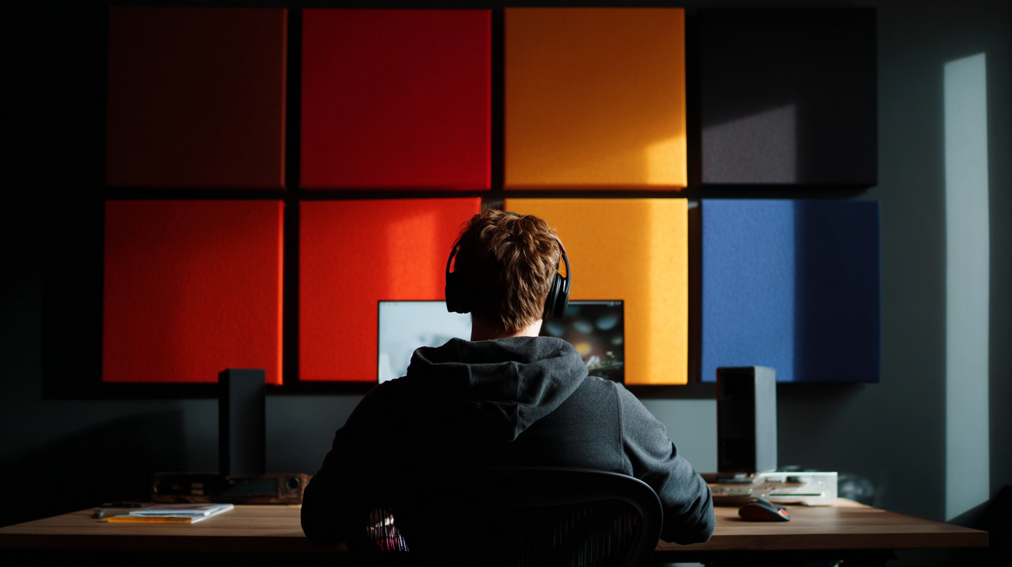 A person is sitting at a desk in a home officeA person is sitting at a desk in a home office. Smooth acoustic panels are visible on the wall