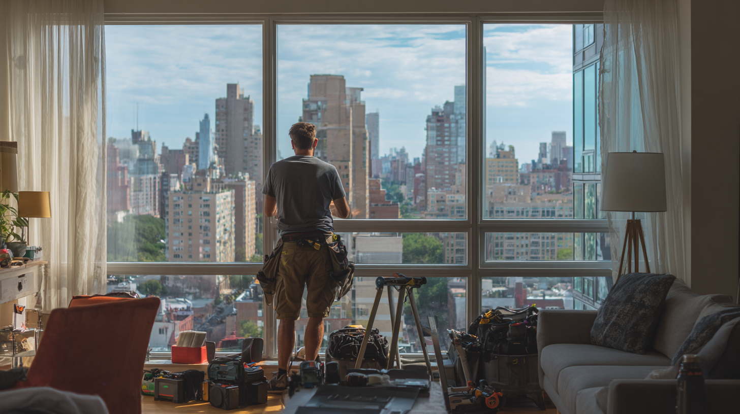 Professional installer measuring a large apartment window