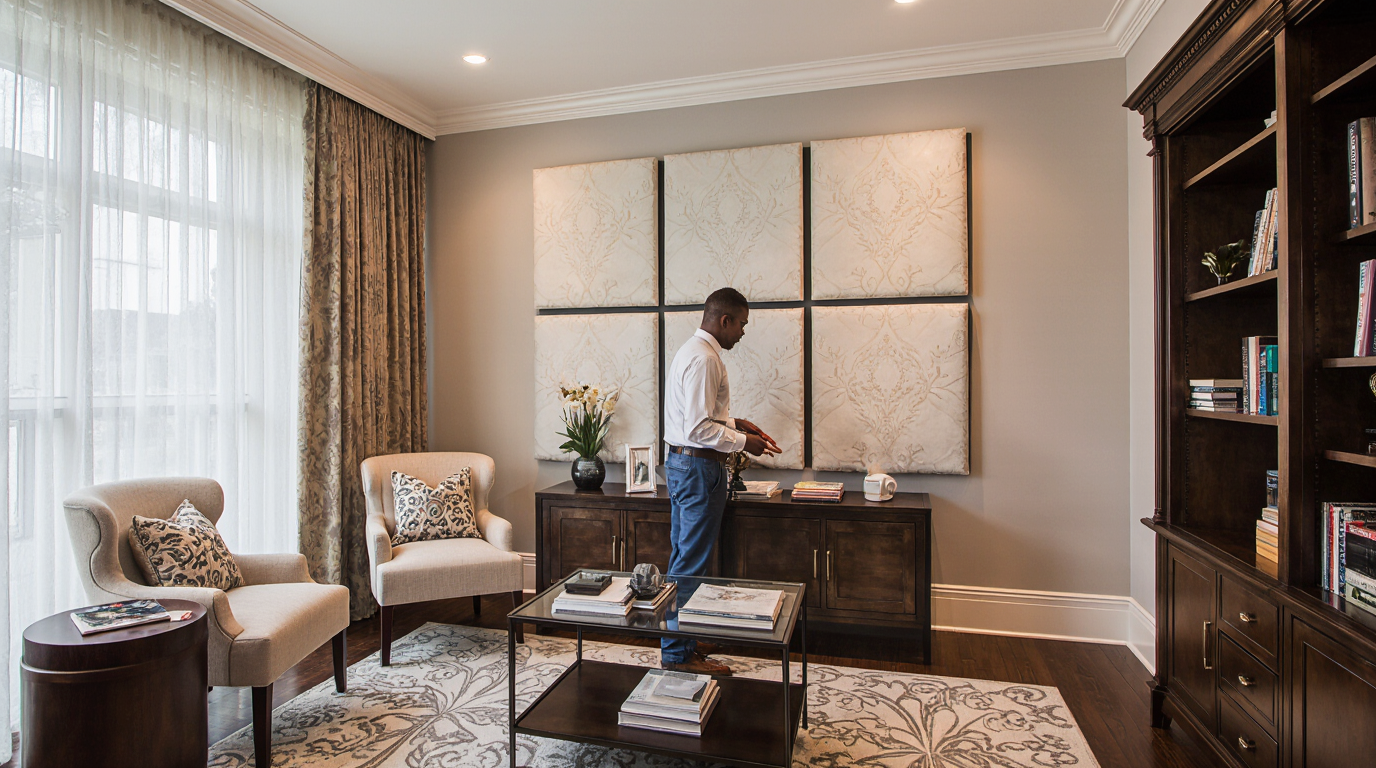 Man in a stylish home office adjusting items on a cabinet, with large decorative acoustic panels mounted on the wall